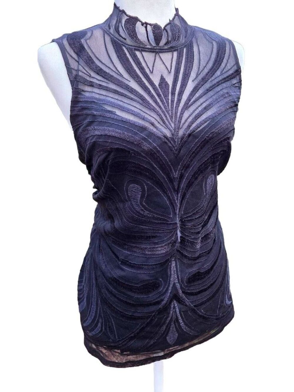 NWT INC Black Sheer Mesh Mock Neck Embroidered Sleeveless Top Grunge Whimsy XL